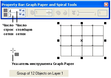 Панель атрибутов после выбора инструмента Graph Paper (Диаграммная сетка) и построенная им сетка Панель атрибутов после выбора инструмента Graph Paper (Диаграммная сетка) и построенная им сетка