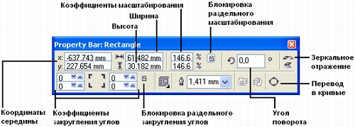 Панель атрибутов при работе с прямоугольниками (панель перемещена в центр рабочего пространства и представлена в виде окна) Панель атрибутов при работе с прямоугольниками (панель перемещена в центр рабочего пространства и представлена в виде окна)